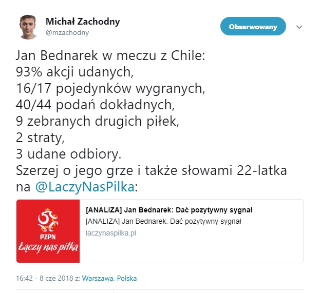 Statystyki Bednarka w meczu z Chile... JEST MOC!